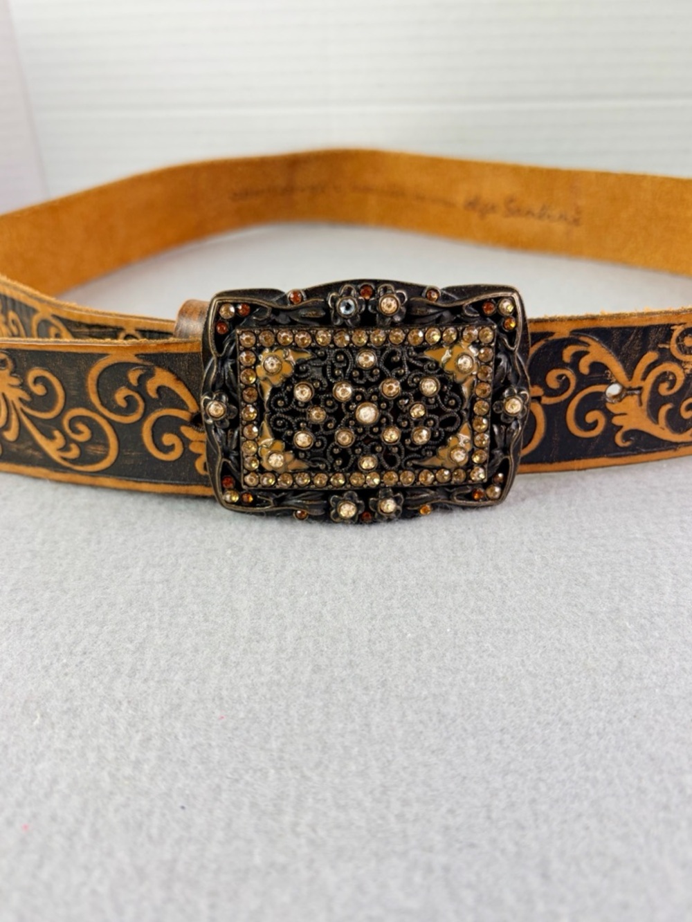 Olga Santini Brown Western Tooled Leather Belt with Jeweled Buckle 40” Long Boho
